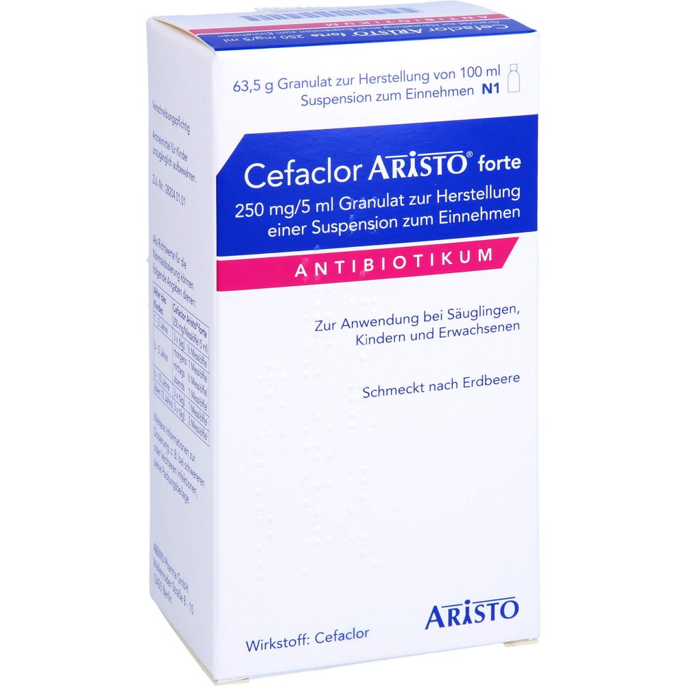 Das Produktfoto zeigt Cefaclor Aristo Forte 250 Mg/5 Ml Gra.Susp.-Herst. (100 ml) PZN 09688185