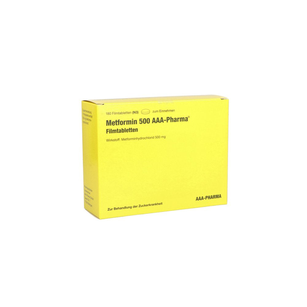 Das Produktfoto zeigt Metformin 500 Mg Aaa-Pharma Filmtabletten (180 stk) PZN 09711688