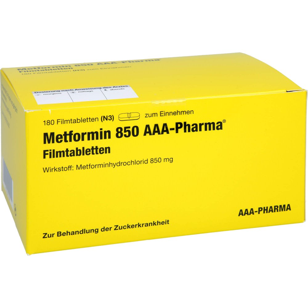 Das Produktfoto zeigt Metformin 850 Mg Aaa-Pharma Filmtabletten (180 stk) PZN 09711694