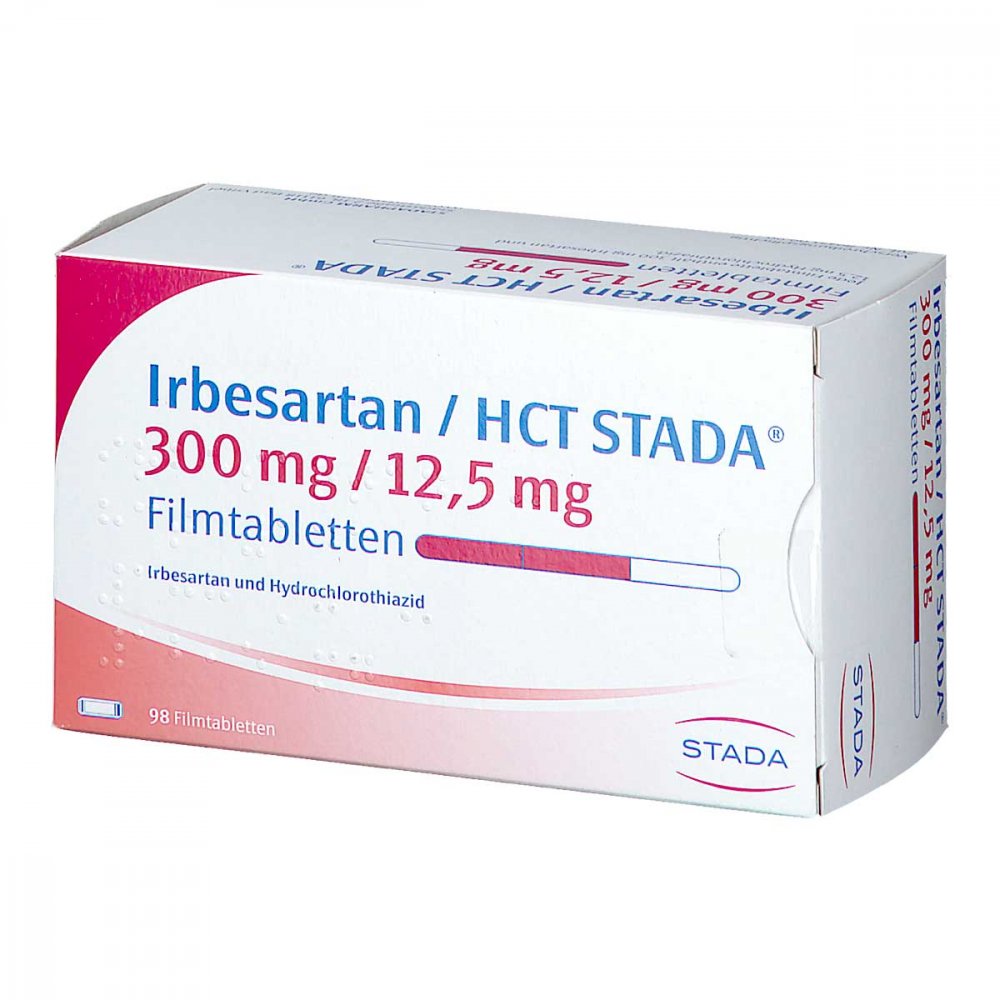 Das Produktfoto zeigt Irbesartan/Hct Stada 300 Mg/12,5 Mg Filmtabletten (98 stk) PZN 09715137