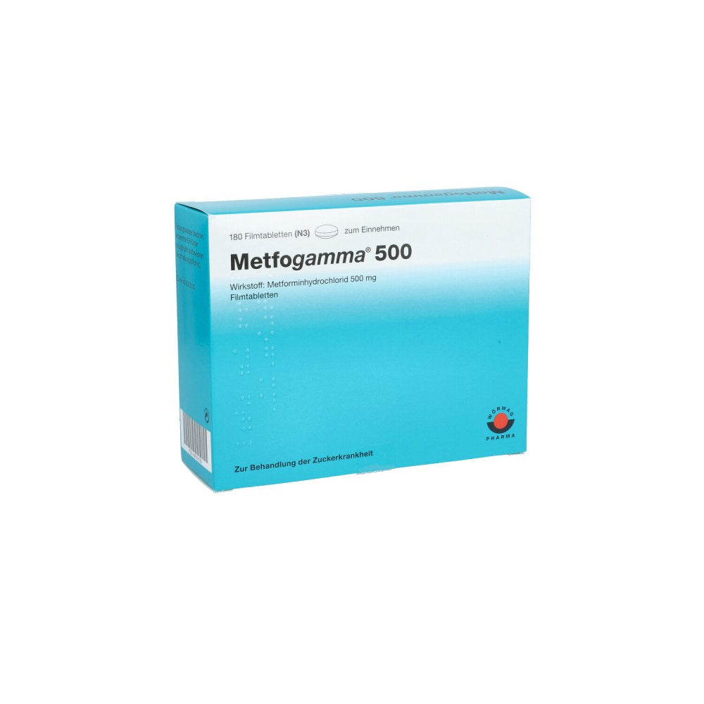 Das Produktfoto zeigt Metfogamma 500 Mg Filmtabletten (180 stk) PZN 09718130