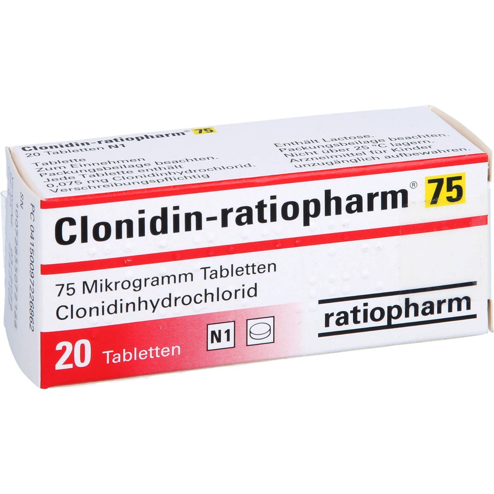 Das Produktfoto zeigt Clonidin-Ratiopharm 75 Tabletten (20 stk) PZN 09722686