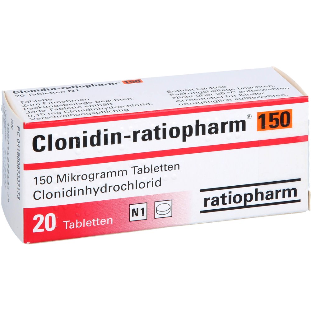 Das Produktfoto zeigt Clonidin-Ratiopharm 150 Tabletten (20 stk) PZN 09722717