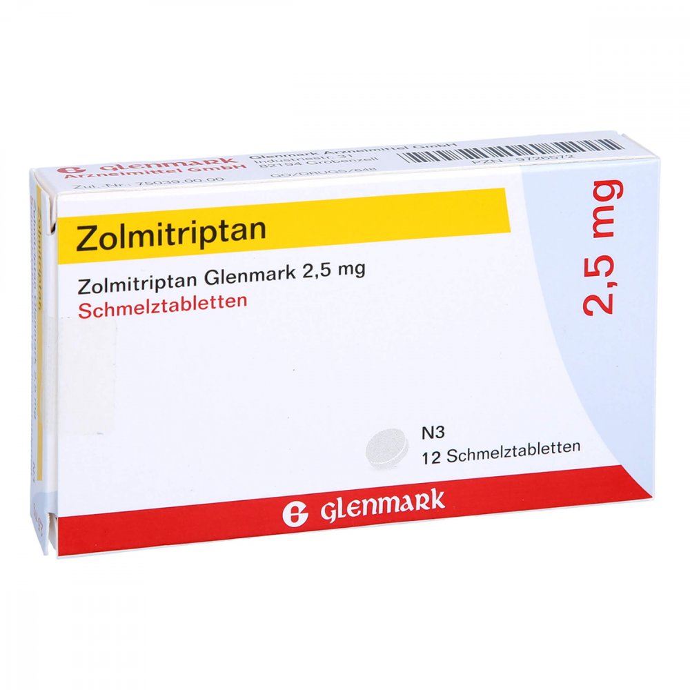 Das Produktfoto zeigt Zolmitriptan Glenmark 2,5 Mg Schmelztabletten (12 stk) PZN 09726572