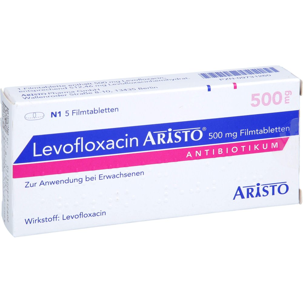 Das Produktfoto zeigt Levofloxacin Aristo 500 Mg Filmtabletten (5 stk) PZN 09731260