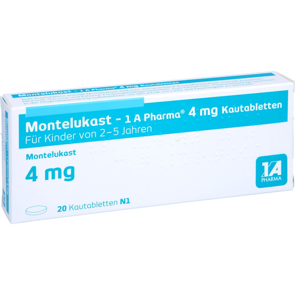 Das Produktfoto zeigt Montelukast-1a Pharma 4 Mg Kautabletten (20 stk) PZN 09731751