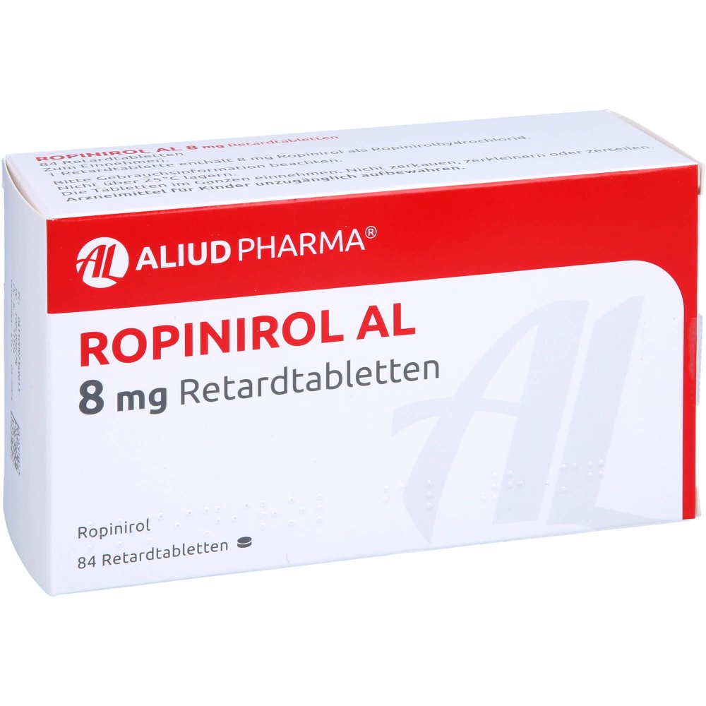 Das Produktfoto zeigt Ropinirol Al 8 Mg Retardtabletten (84 stk) PZN 09736961