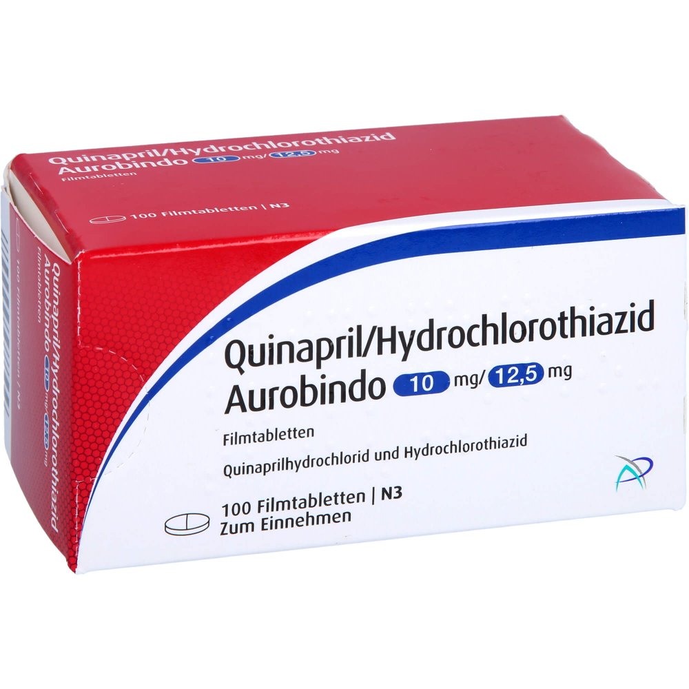 Das Produktfoto zeigt Quinapril/Hct Aurobindo 10/12,5 Mg Filmtabletten (100 stk) PZN 09749768