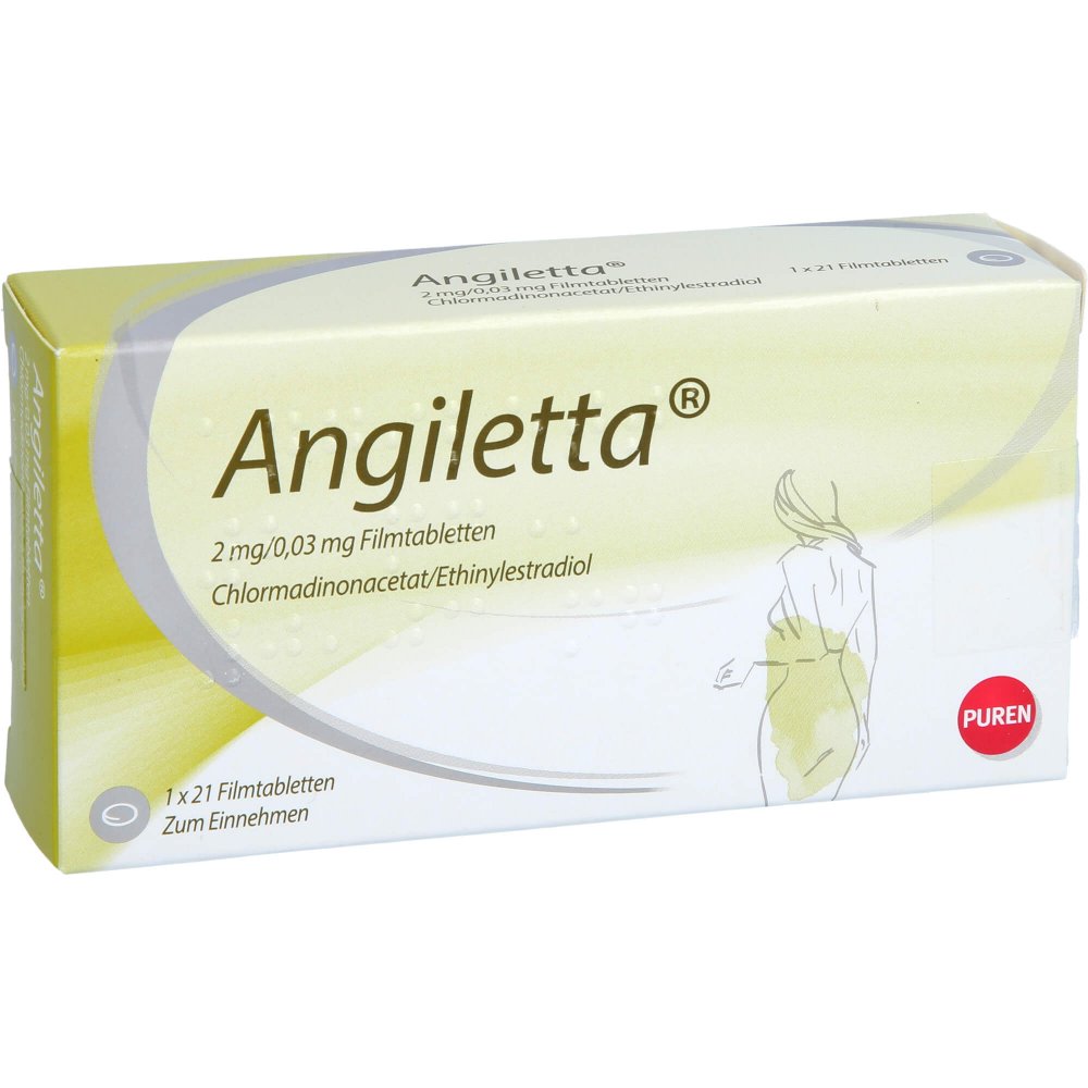 Das Produktfoto zeigt Angiletta 2 Mg/0,03 Mg Filmtabletten (1X21 stk) PZN 09758514