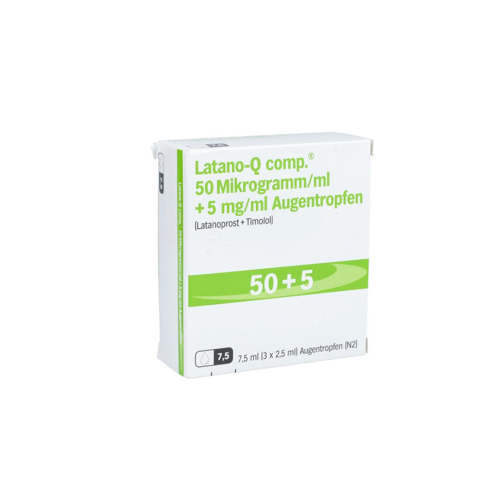 Das Produktfoto zeigt Latano-Q Comp. 50 Mikrogramm/Ml + 5 Mg/Ml Augentr. (3X2.5 ml) PZN 09777871