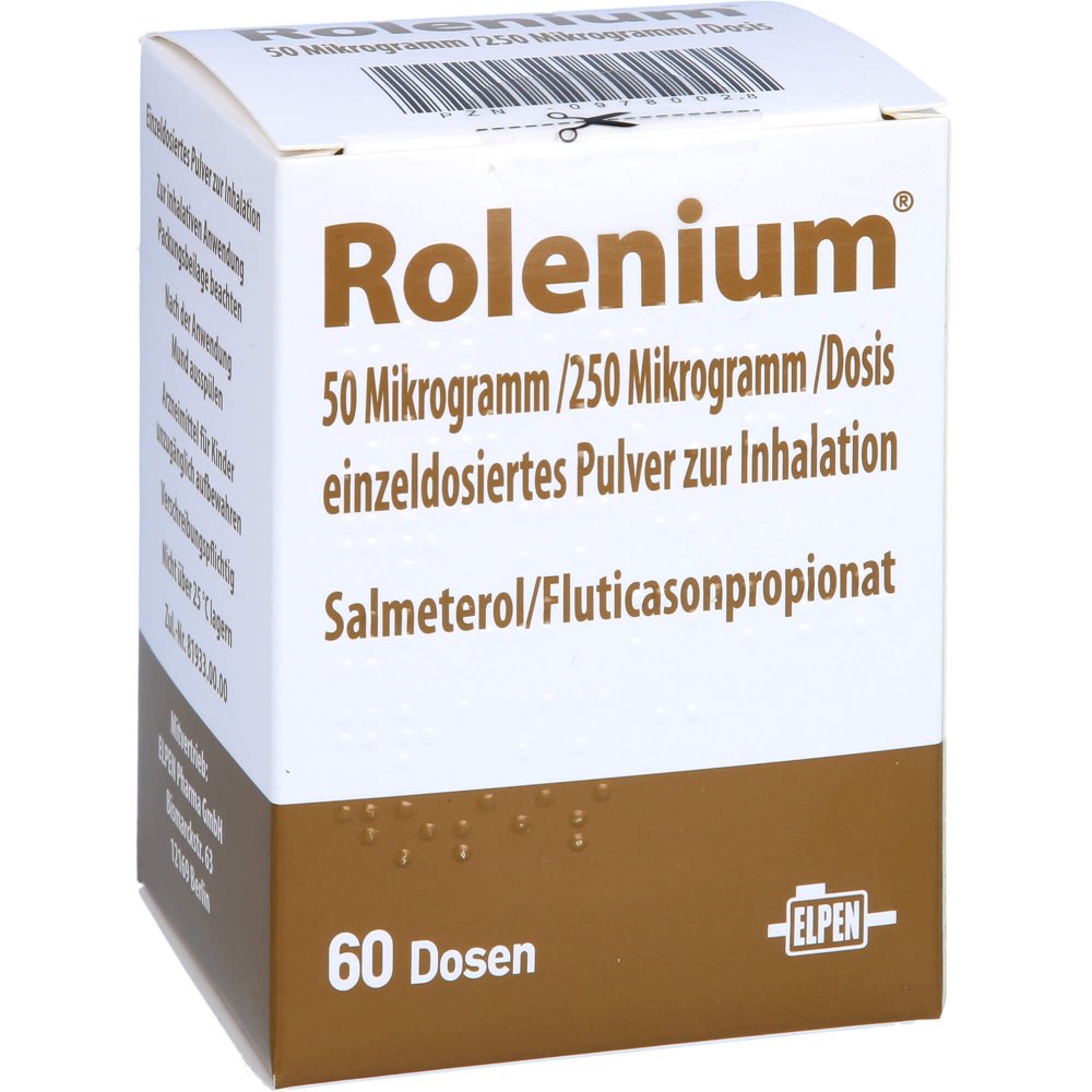 Das Produktfoto zeigt Rolenium 50 Μg/250 Μg/Dosis 60ed Einzeld.Plv.Inh. (60 stk) PZN 09780028