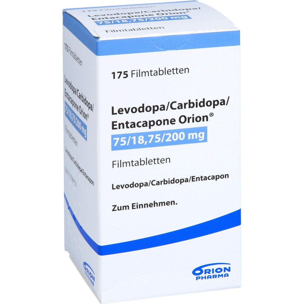 Das Produktfoto zeigt Levodopa/Carbidopa/Entacapone Orion 75/18,75/200 (175 stk) PZN 10018277