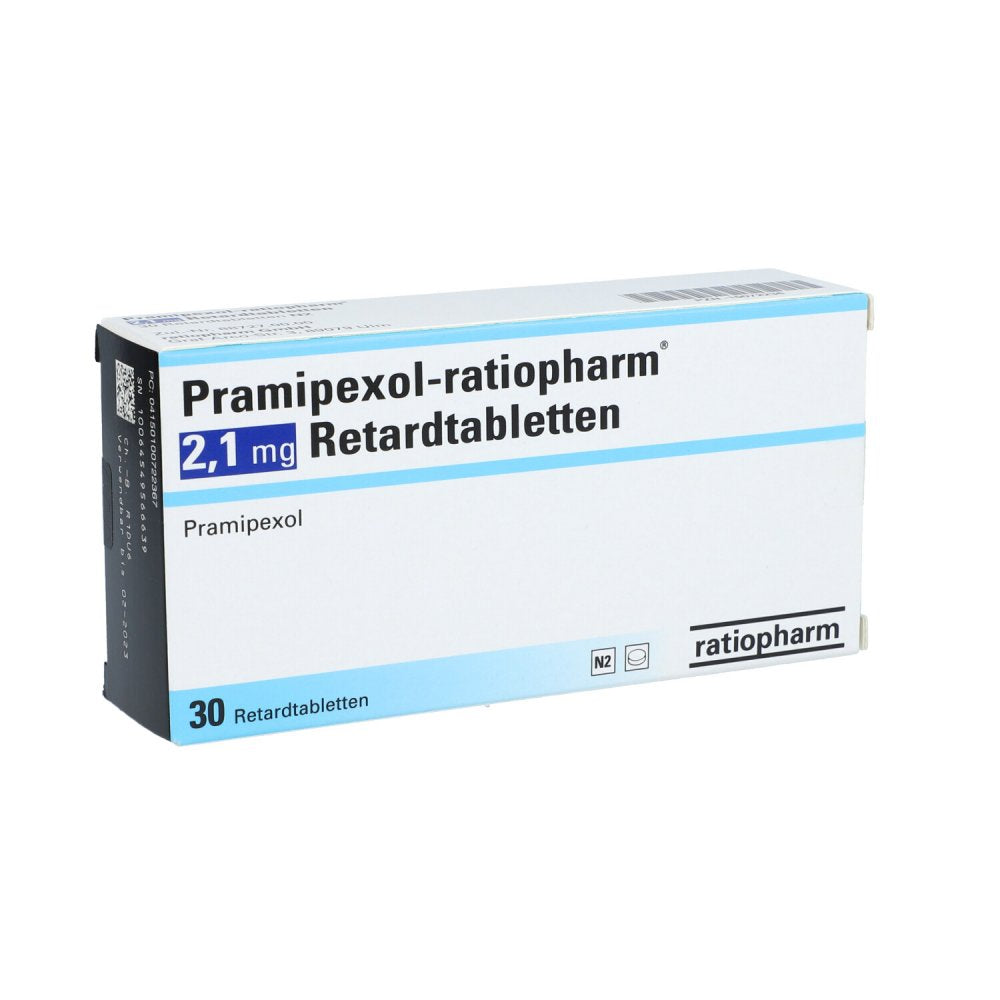 Das Produktfoto zeigt Pramipexol-Ratiopharm 2,10 Mg Retardtabletten (30 stk) PZN 10072236
