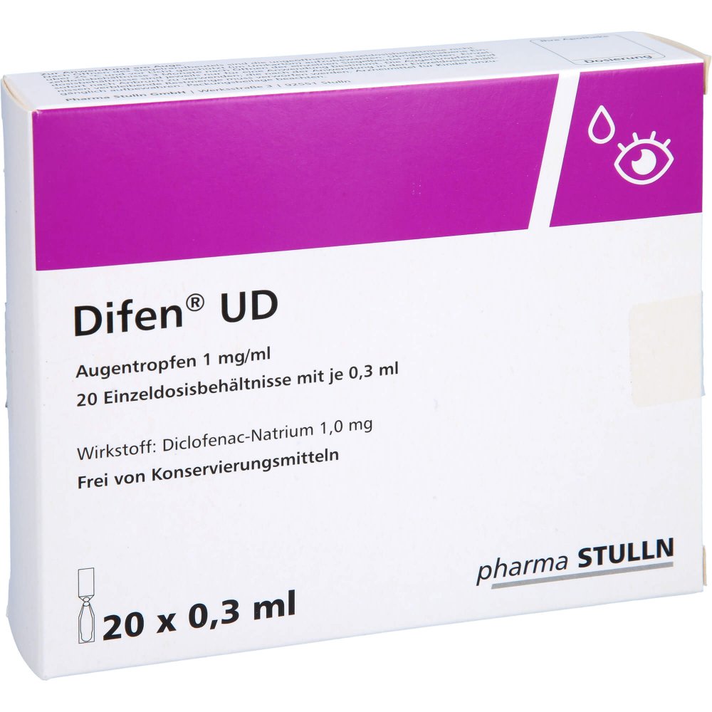Das Produktfoto zeigt Difen Ud 1 Mg/Ml Augentropfen I.Einzeldosisbeh. (20X0.3 ml) PZN 10079095