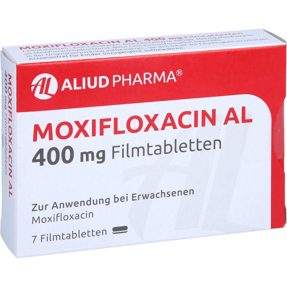 Das Produktfoto zeigt Moxifloxacin Al 400 Mg Filmtabletten (7 stk) PZN 10080106