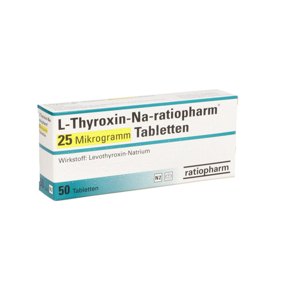 Das Produktfoto zeigt L-Thyroxin-Na-Ratiopharm 25 Mikrogramm Tabletten (50 stk) PZN 10089633