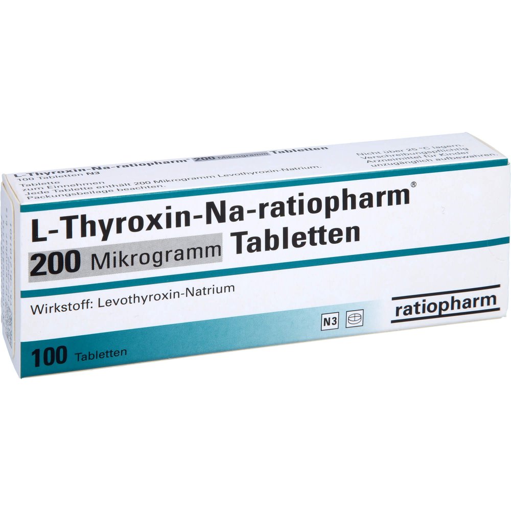Das Produktfoto zeigt L-Thyroxin-Na-Ratiopharm 200 Mikrogramm Tabletten (100 stk) PZN 10089805