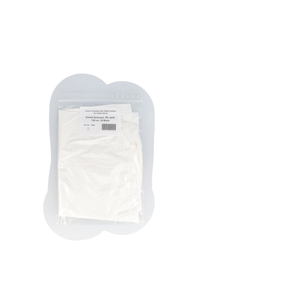 Das Produktfoto zeigt Schürze Einmal Pe Weiß 125 Cm Unsteril (10 stk) PZN 10125180
