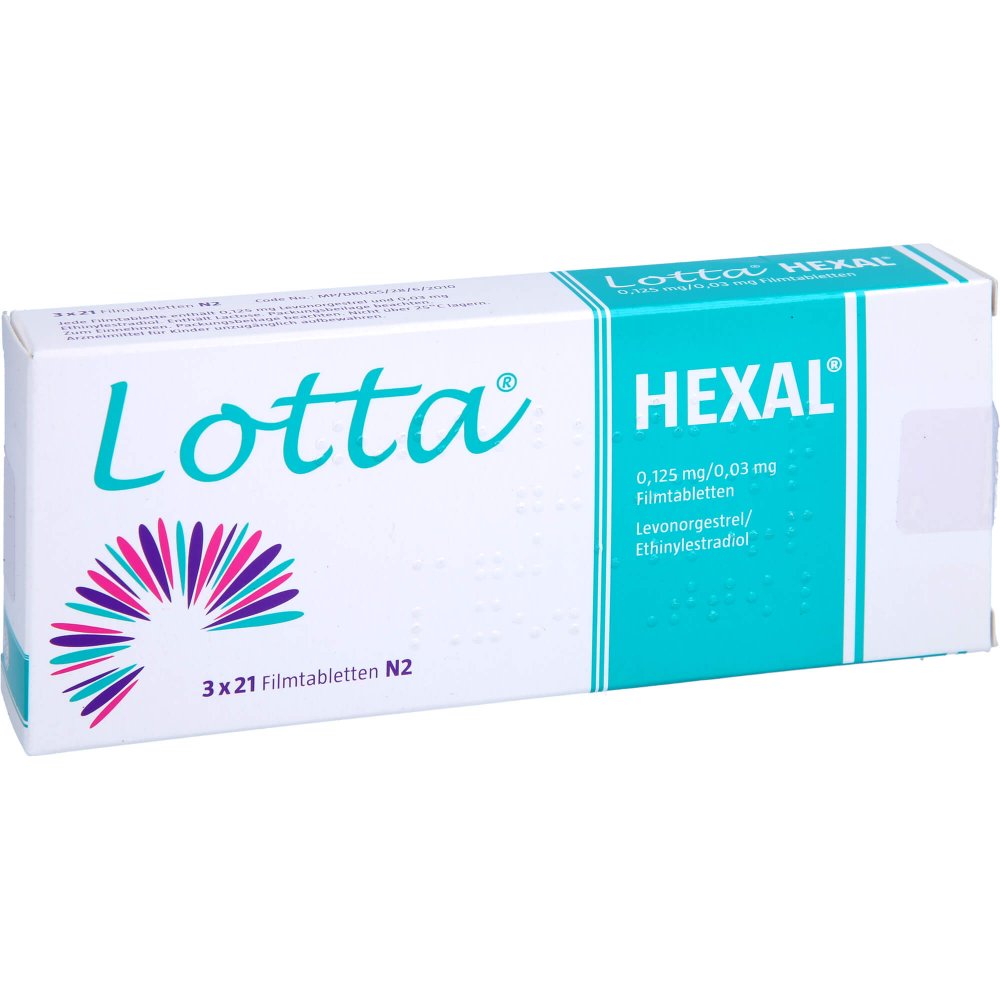 Das Produktfoto zeigt Lotta Hexal 0,125 Mg/0,03 Mg Filmtabletten (3X21 stk) PZN 10143781
