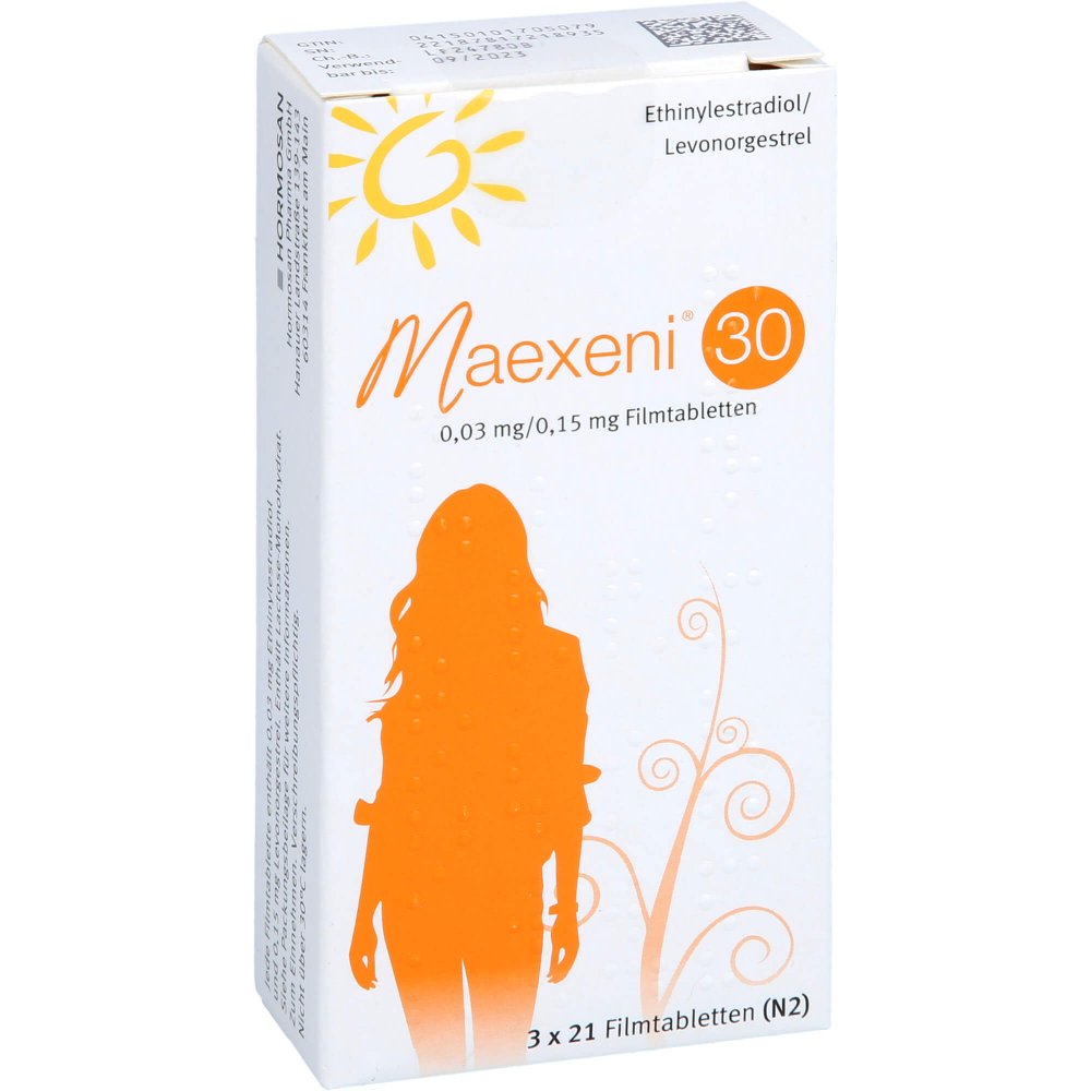 Das Produktfoto zeigt Maexeni 30 0,03 Mg/0,15 Mg Filmtabletten (3X21 stk) PZN 10170507