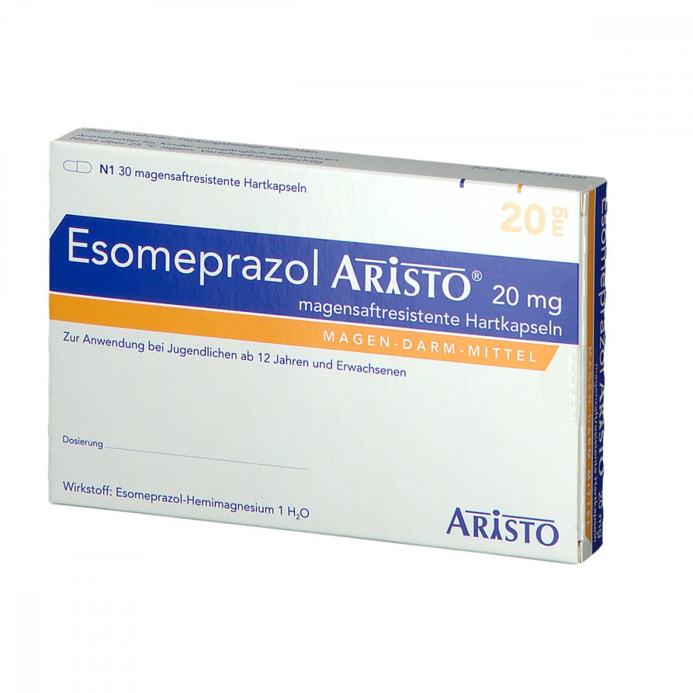Das Produktfoto zeigt Esomeprazol Aristo 20 Mg Magensaftres.Hartkapseln (30 stk) PZN 10171062
