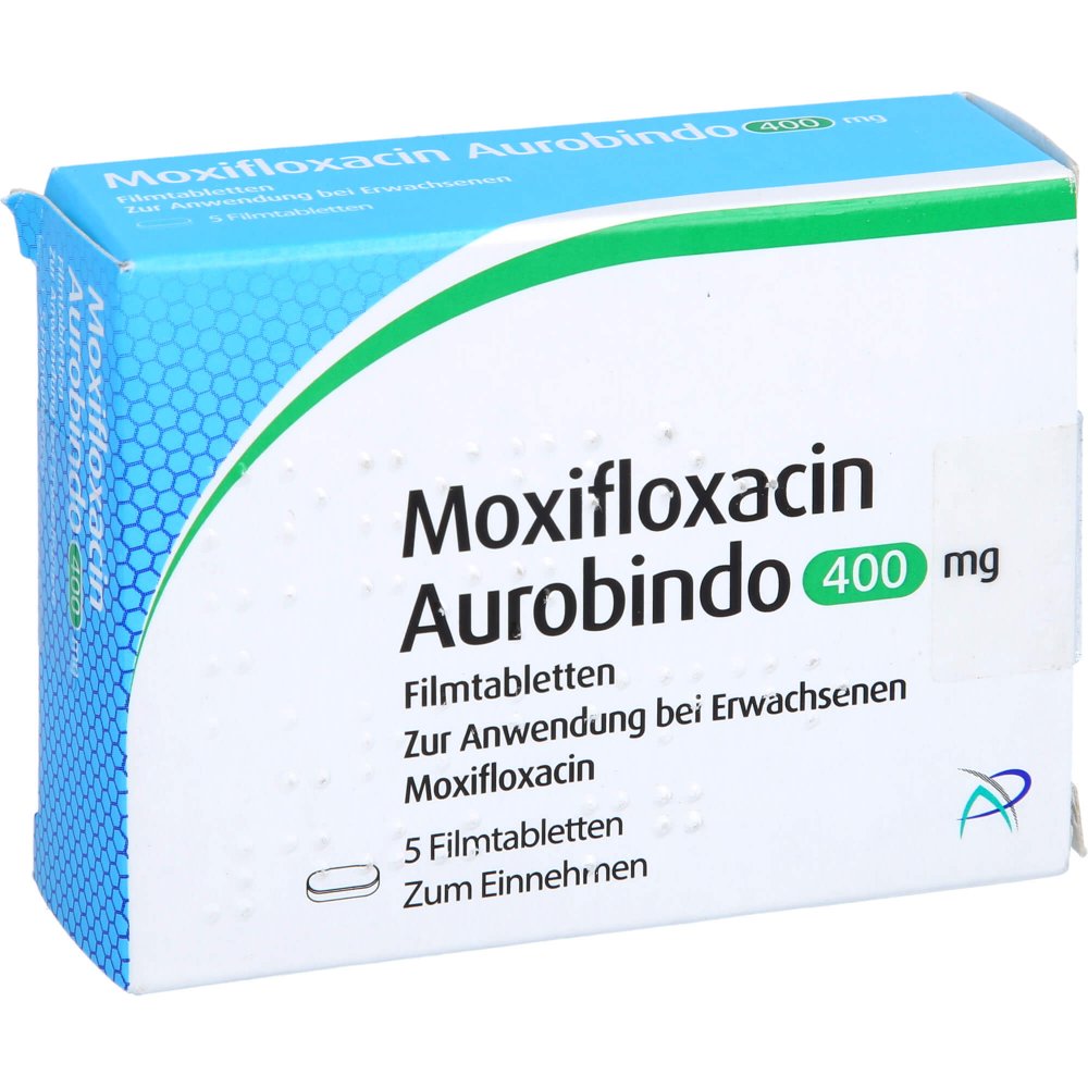 Das Produktfoto zeigt Moxifloxacin Aurobindo 400 Mg Filmtabletten (5 stk) PZN 10180227