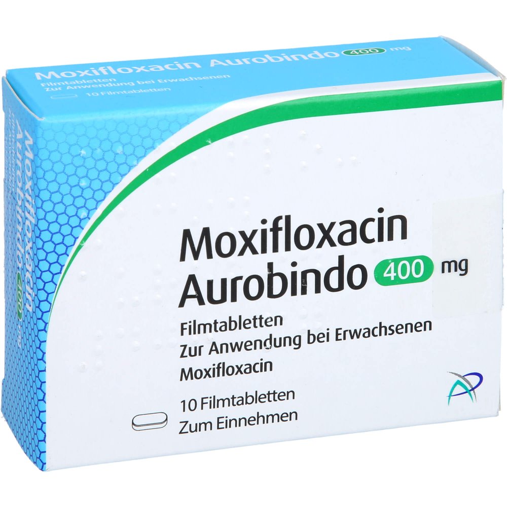 Das Produktfoto zeigt Moxifloxacin Aurobindo 400 Mg Filmtabletten (10 stk) PZN 10180256