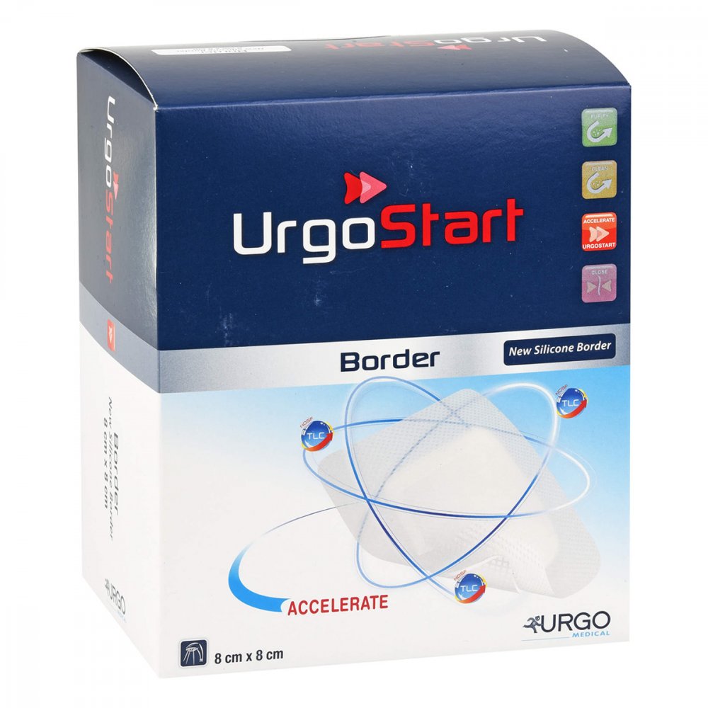 Das Produktfoto zeigt Urgostart Border 8x8 Cm Schaumstoffwundverband (20 stk) PZN 10180977