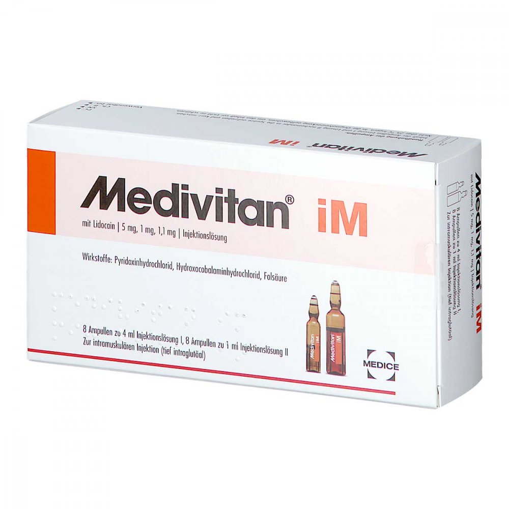 Das Produktfoto zeigt Medivitan Im M.Lidocain Inj.-Lsg.I.Amp.-Paare (8 stk) PZN 10192756