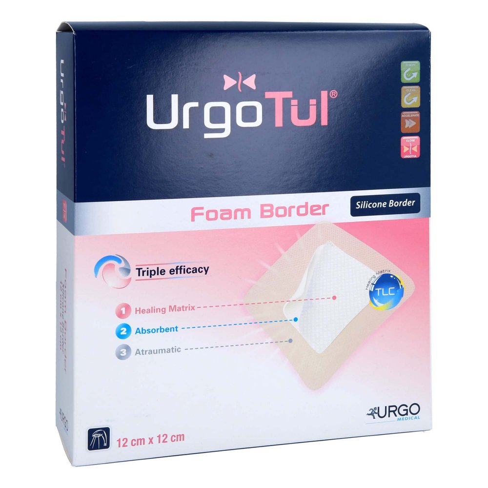 Das Produktfoto zeigt Urgotül Foam Border 12x12 Cm Verband (10 stk) PZN 10203158