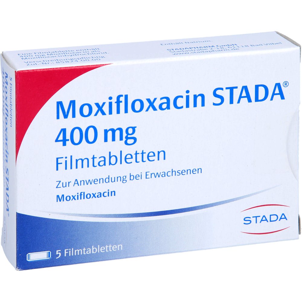 Das Produktfoto zeigt Moxifloxacin Stada 400 Mg Filmtabletten (5 stk) PZN 10251341