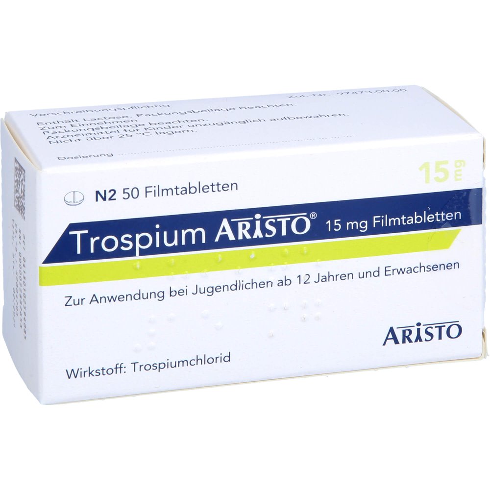 Das Produktfoto zeigt Trospium Aristo 15 Mg Filmtabletten (50 stk) PZN 10259408