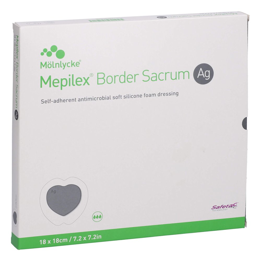 Das Produktfoto zeigt Mepilex Border Sacrum Ag Schaumverb.18x18 Cm Ster. (5 stk) PZN 10264102