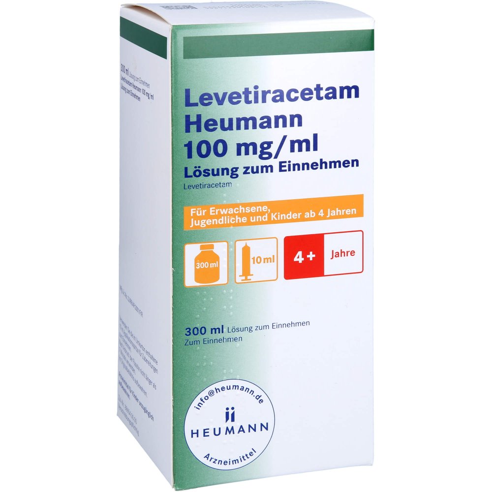 Das Produktfoto zeigt Levetiracetam Heumann 100 Mg/Ml 10ml Dosierspr. (300 ml) PZN 10271496