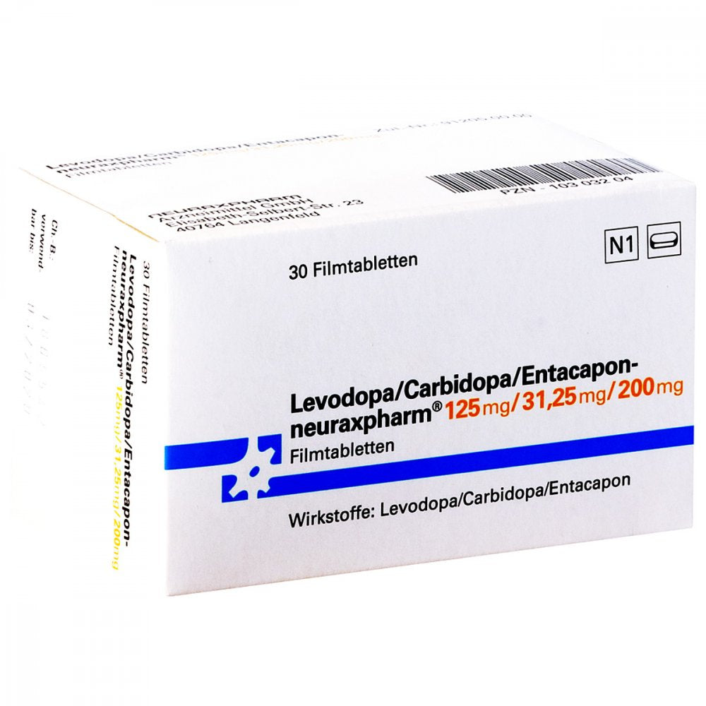 Das Produktfoto zeigt Levodopa/Carbidopa/Entacapon-Neurax 125/31,25/200 (30 stk) PZN 10303204