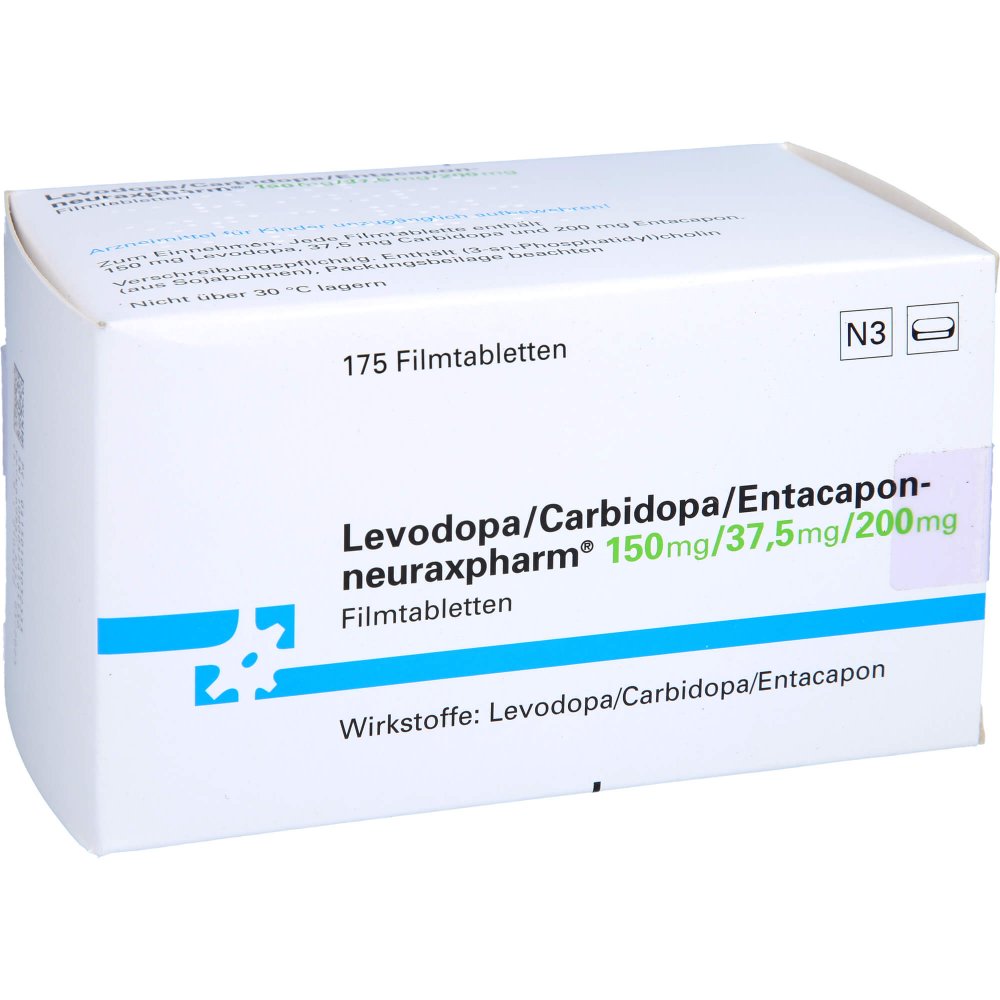 Das Produktfoto zeigt Levodopa/Carbidopa/Entacapon-Neurax 150/37,5/200 (175 stk) PZN 10303233