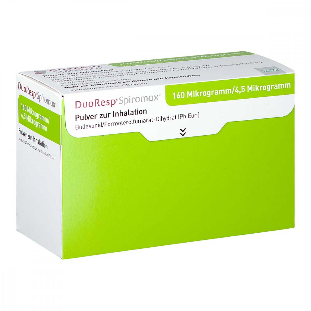 Das Produktfoto zeigt Duoresp Spiromax 160μg/4,5μg/Dosis 3x120ed Inh.-P. (3 stk) PZN 10311043