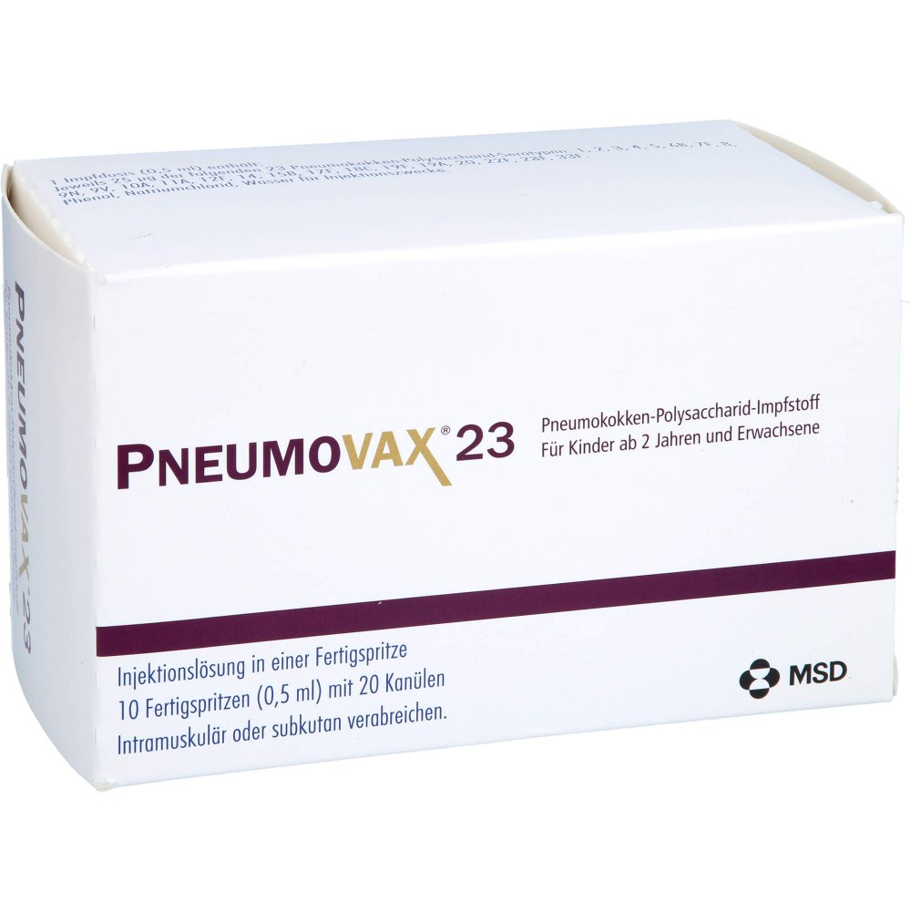 Das Produktfoto zeigt Pneumovax 23 Inj.L.I.E.Fertigspr.+2 Beigef.Kanülen (10X0.5 ml) PZN 10311310