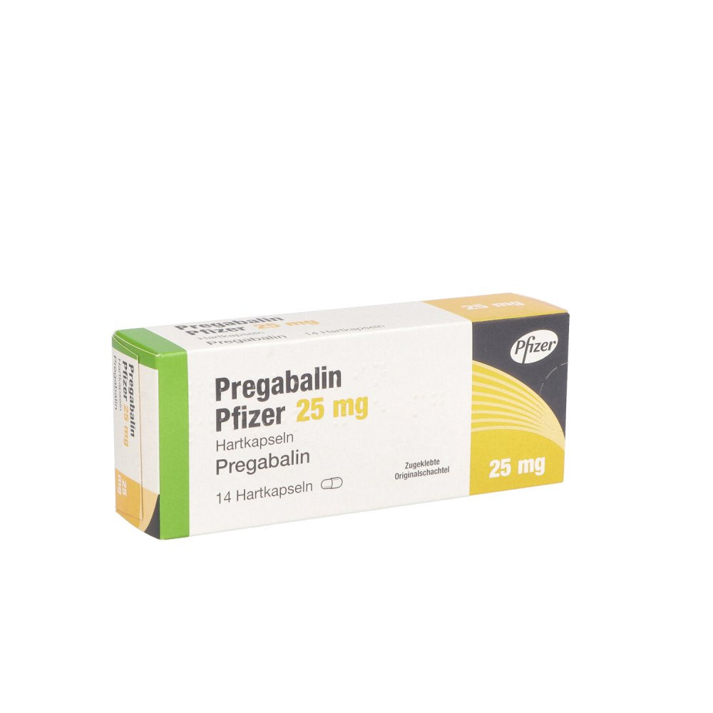 Das Produktfoto zeigt Pregabalin Pfizer 25 Mg Hartkapseln (14 stk) PZN 10327676