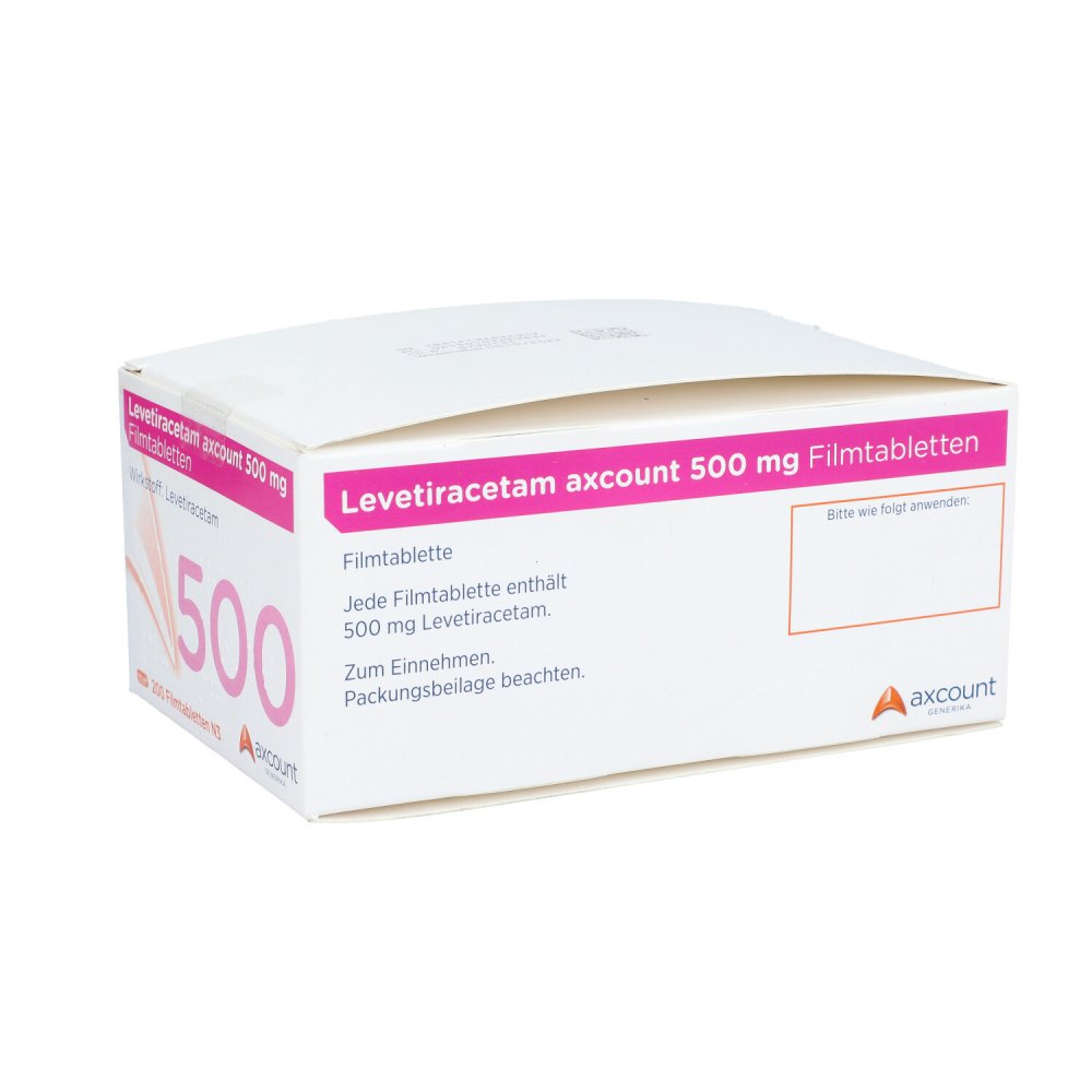Das Produktfoto zeigt Levetiracetam Axcount 500 Mg Filmtabletten (200 stk) PZN 10342983