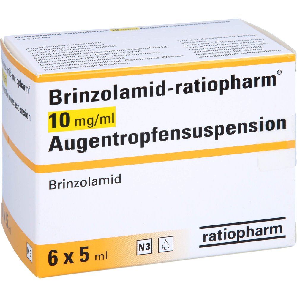 Das Produktfoto zeigt Brinzolamid-Ratiopharm 10 Mg/Ml Augentropfensusp. (6X5 ml) PZN 10353751