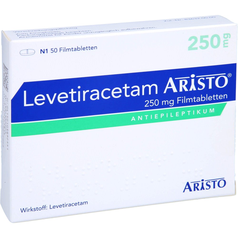 Das Produktfoto zeigt Levetiracetam Aristo 250 Mg Filmtabletten (50 stk) PZN 10383255