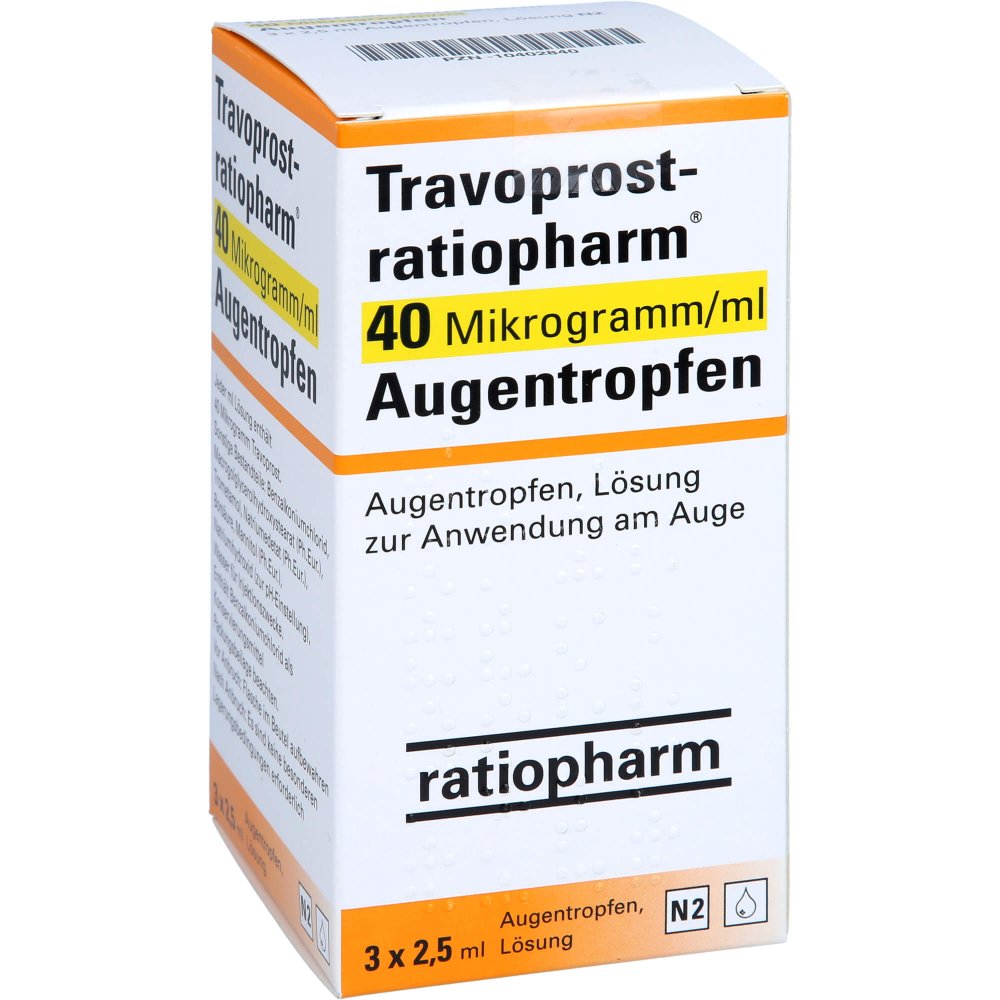 Das Produktfoto zeigt Travoprost-Ratiopharm 40 Mikrogramm/Ml Augentr. (3X2.5 ml) PZN 10402840