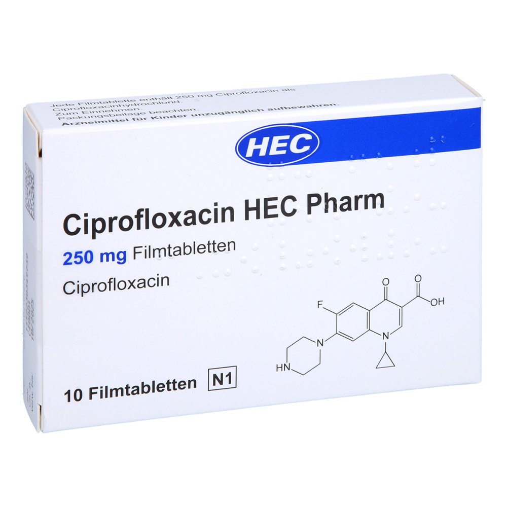 Das Produktfoto zeigt Ciprofloxacin Hec Pharm 250 Mg Filmtabletten (10 stk) PZN 10410727