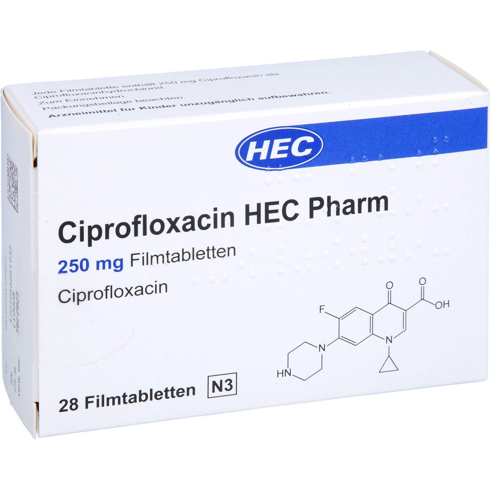 Das Produktfoto zeigt Ciprofloxacin Hec Pharm 250 Mg Filmtabletten (28 stk) PZN 10410762