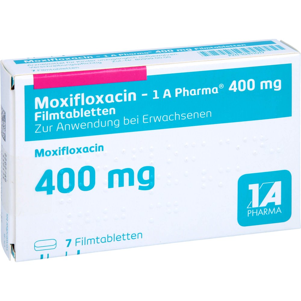 Das Produktfoto zeigt Moxifloxacin-1a Pharma 400 Mg Filmtabletten (7 stk) PZN 10411017