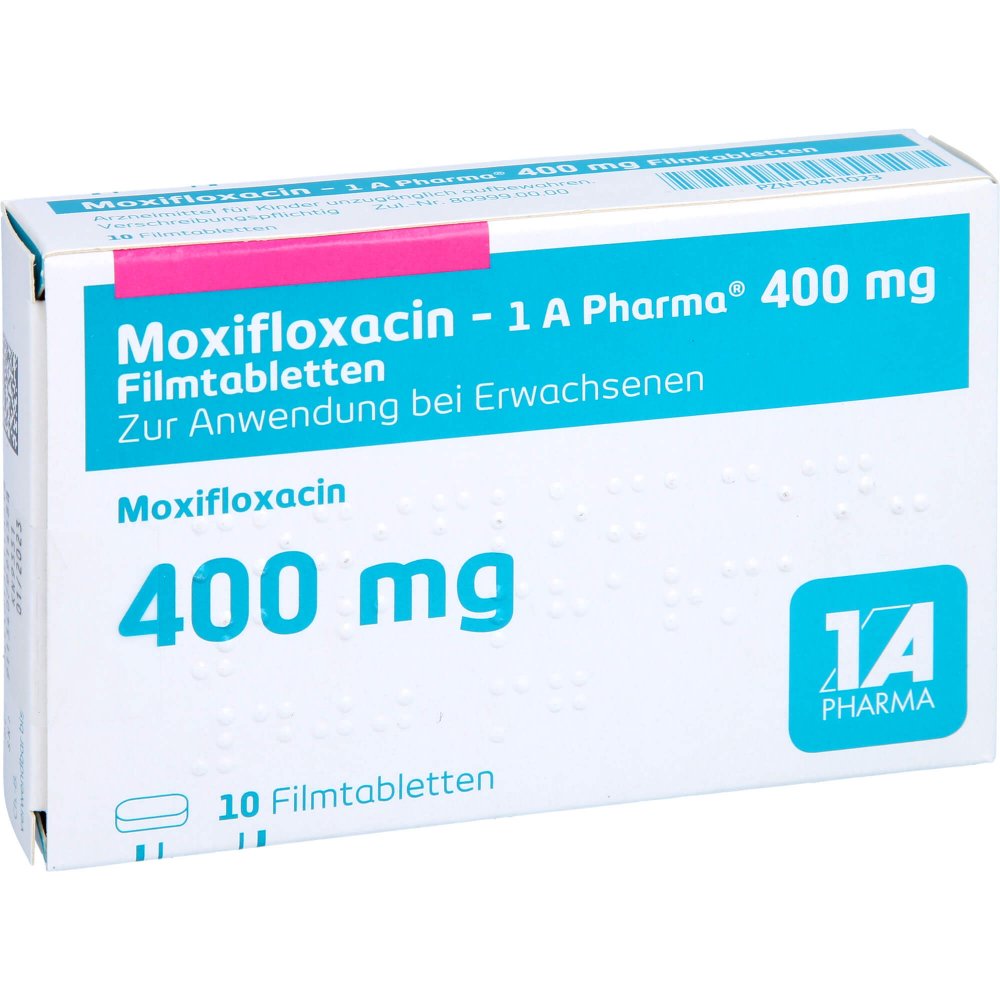 Das Produktfoto zeigt Moxifloxacin-1a Pharma 400 Mg Filmtabletten (10 stk) PZN 10411023