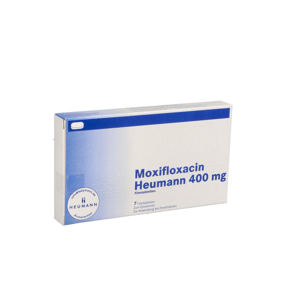 Das Produktfoto zeigt Moxifloxacin Heumann 400 Mg Filmtabletten (7 stk) PZN 10419510