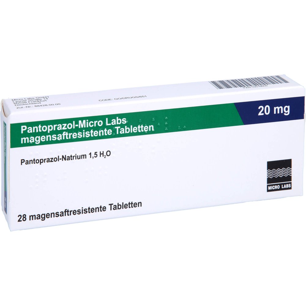 Das Produktfoto zeigt Pantoprazol-Micro Labs 20 Mg Magensaftr.Tabletten (28 stk) PZN 10516609