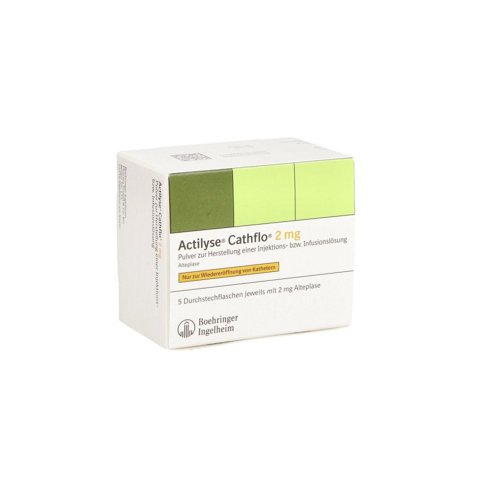 Das Produktfoto zeigt Actilyse Cathflo 2 Mg Pulver Z.Her.E.Inj.-/Inf.-L. (5 stk) PZN 10552203